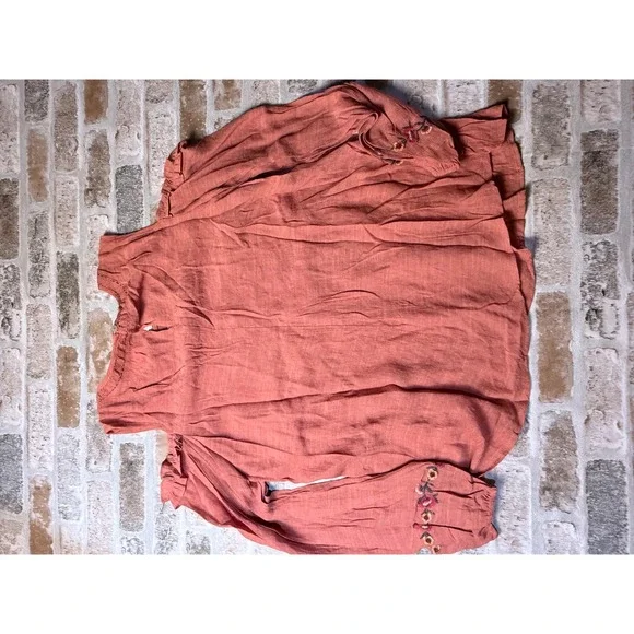 Umgee Womens Embroidered Cold Shoulder Blouse Rust Terracotta Boho Top New - Picture 4 of 5